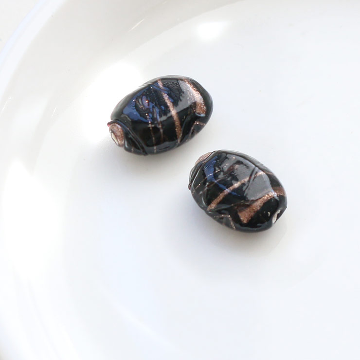 ガラスビーズ オーバル型 10×14mm ブラック×ブラウンラメ【2個入×5セット入り】xb03438-002 （上代: 2400円）